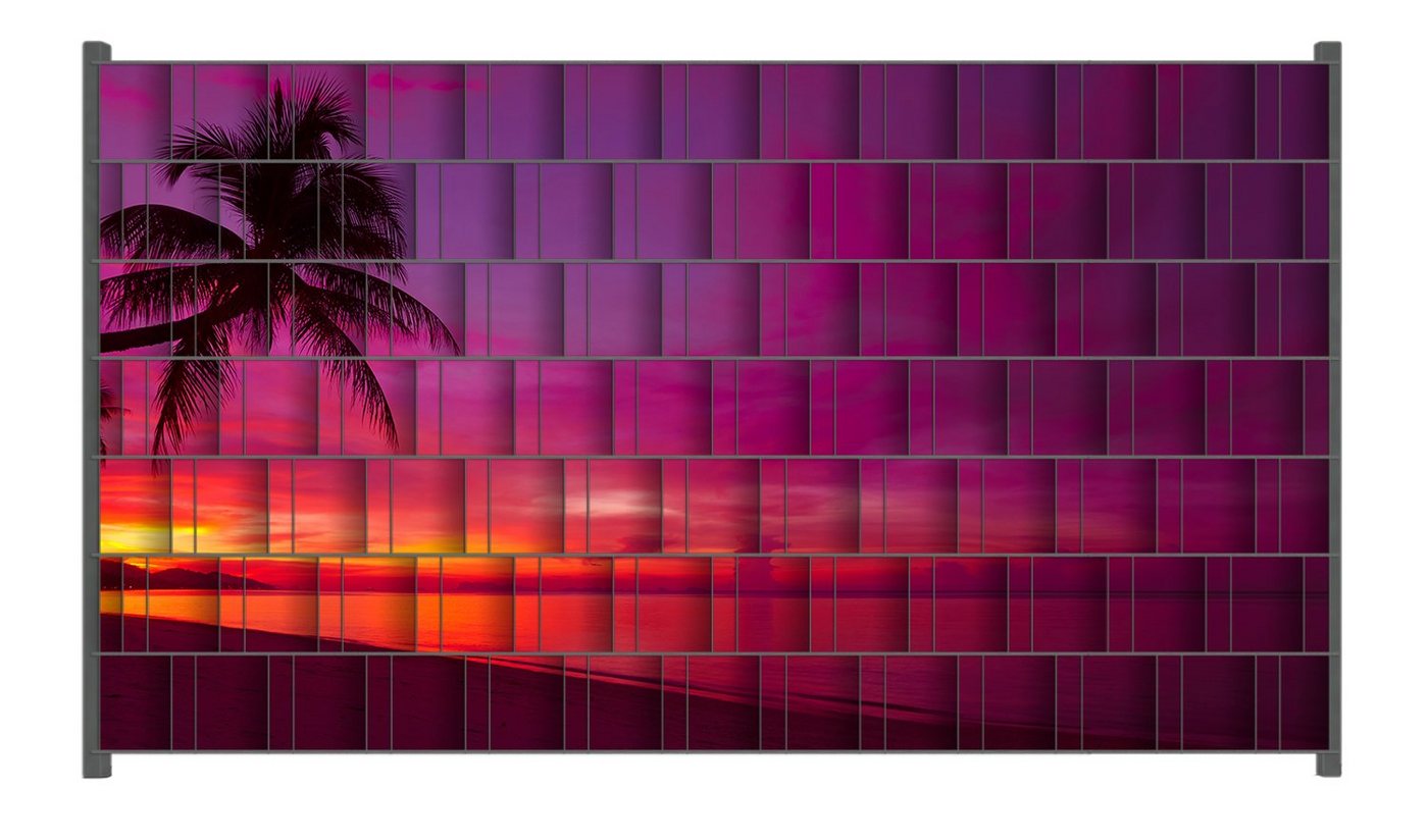Wallario Sichtschutzstreifen Abendrot unter Palmen - pinker Himmel am Strand von Wallario