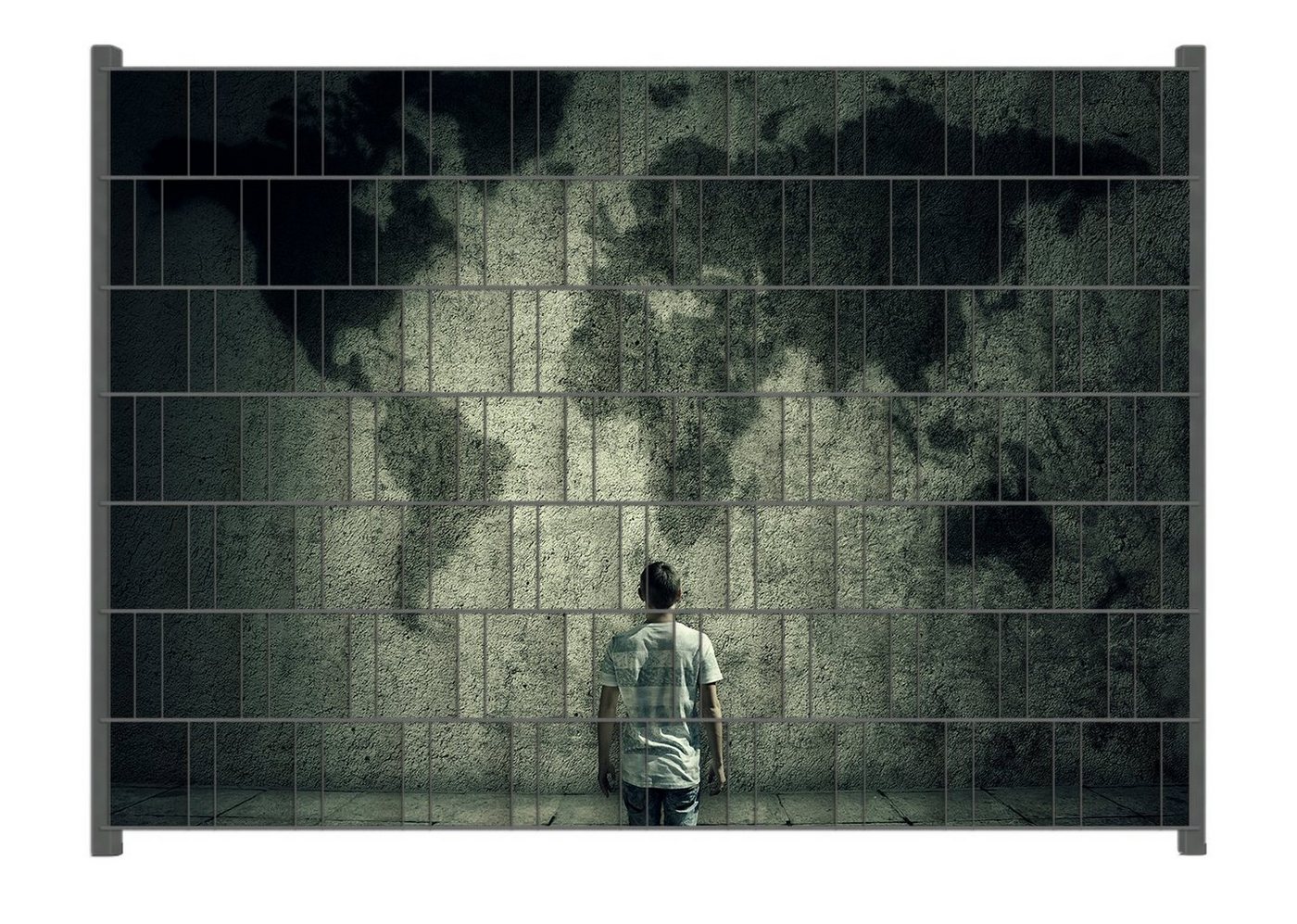 Wallario Sichtschutzstreifen Kleiner Junge vor Weltkarte an grauer Beton-Wand von Wallario