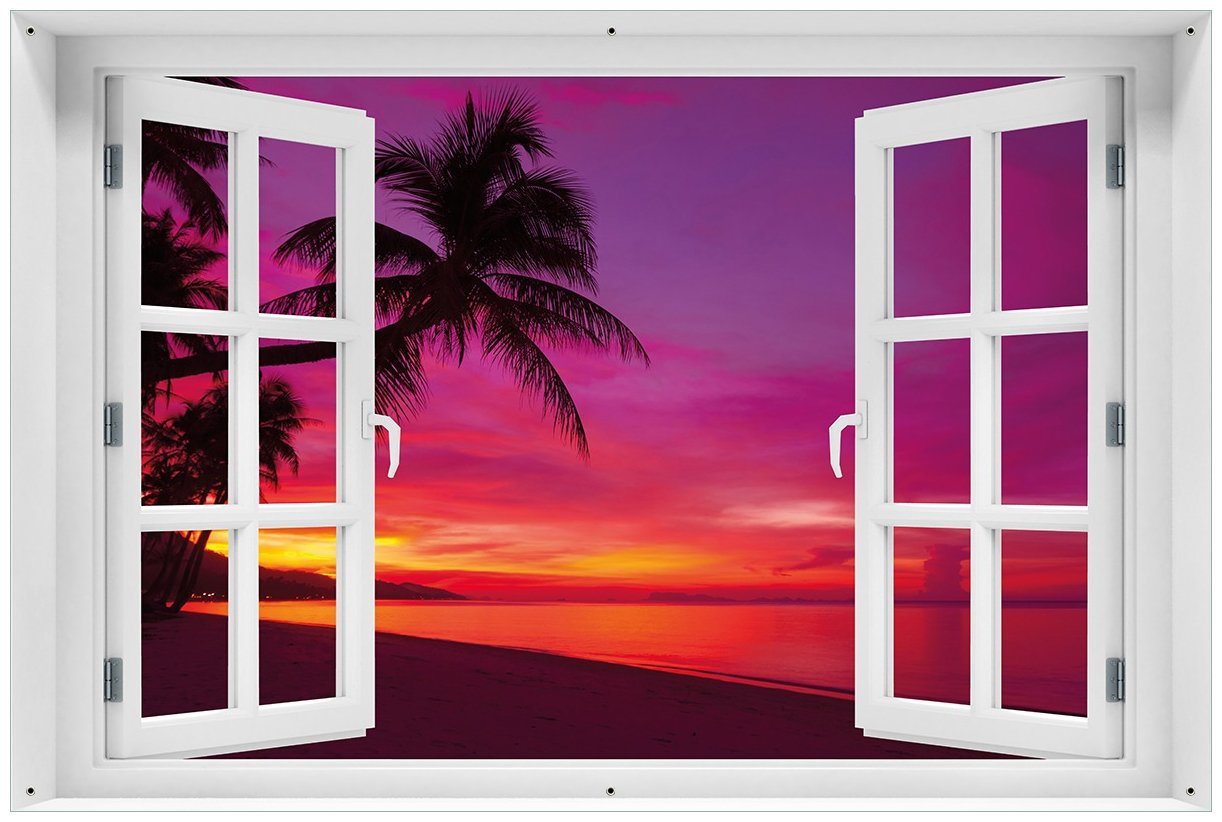 Wallario Sichtschutzzaunmatten Abendrot unter Palmen - pinker Himmel am Strand, mit Fenster-Illusion von Wallario