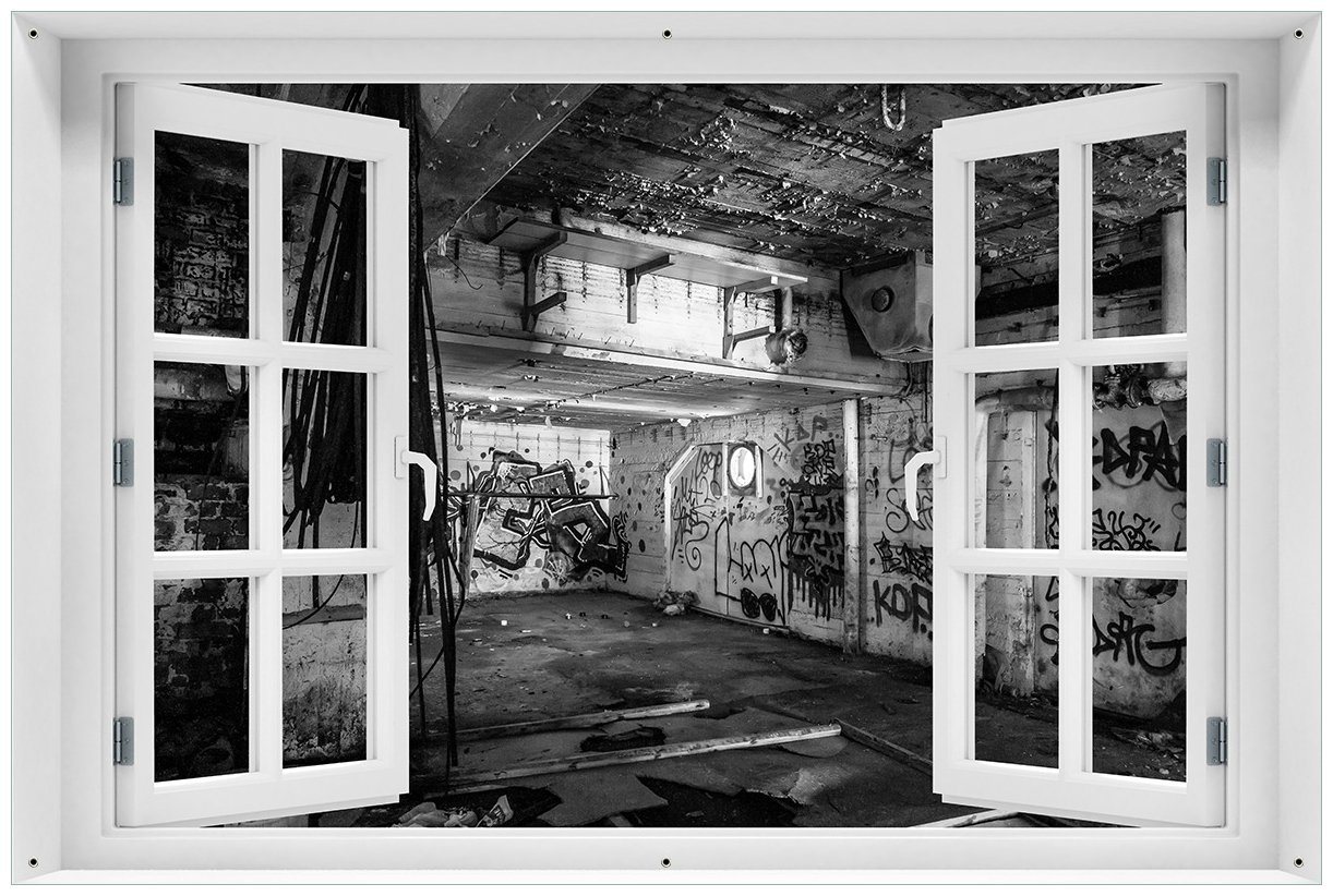 Wallario Sichtschutzzaunmatten Alte verlassene Fabrik in schwarz weiß mit Graffiti, mit Fenster-Illusion von Wallario