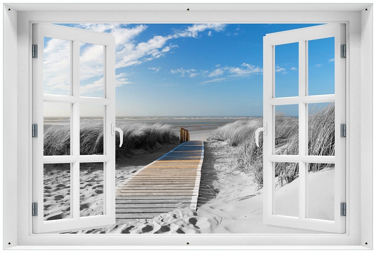Wallario Sichtschutzzaunmatten Auf dem Holzweg zum Strand in schwarz-weiß Optik, mit Fenster-Illusion von Wallario