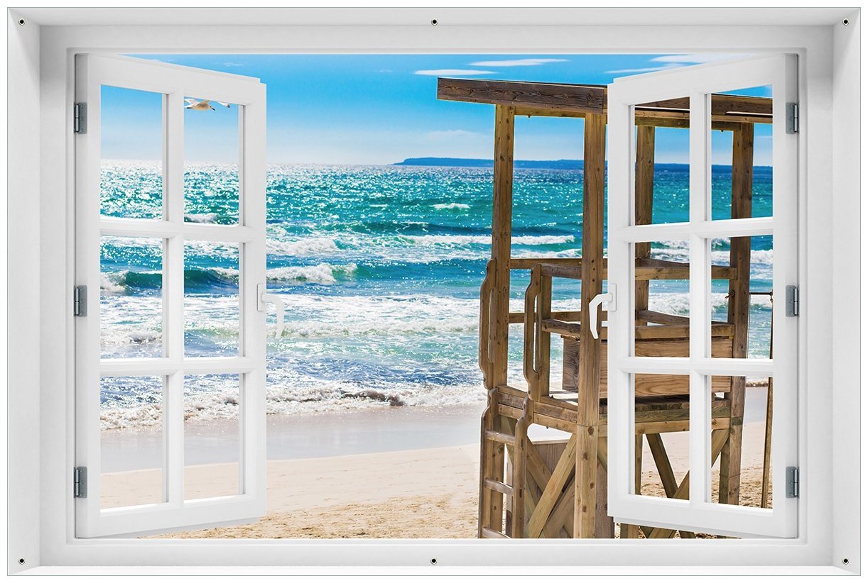 Wallario Sichtschutzzaunmatten Badestrand - Mallorca Spanien, mit Fenster-Illusion von Wallario