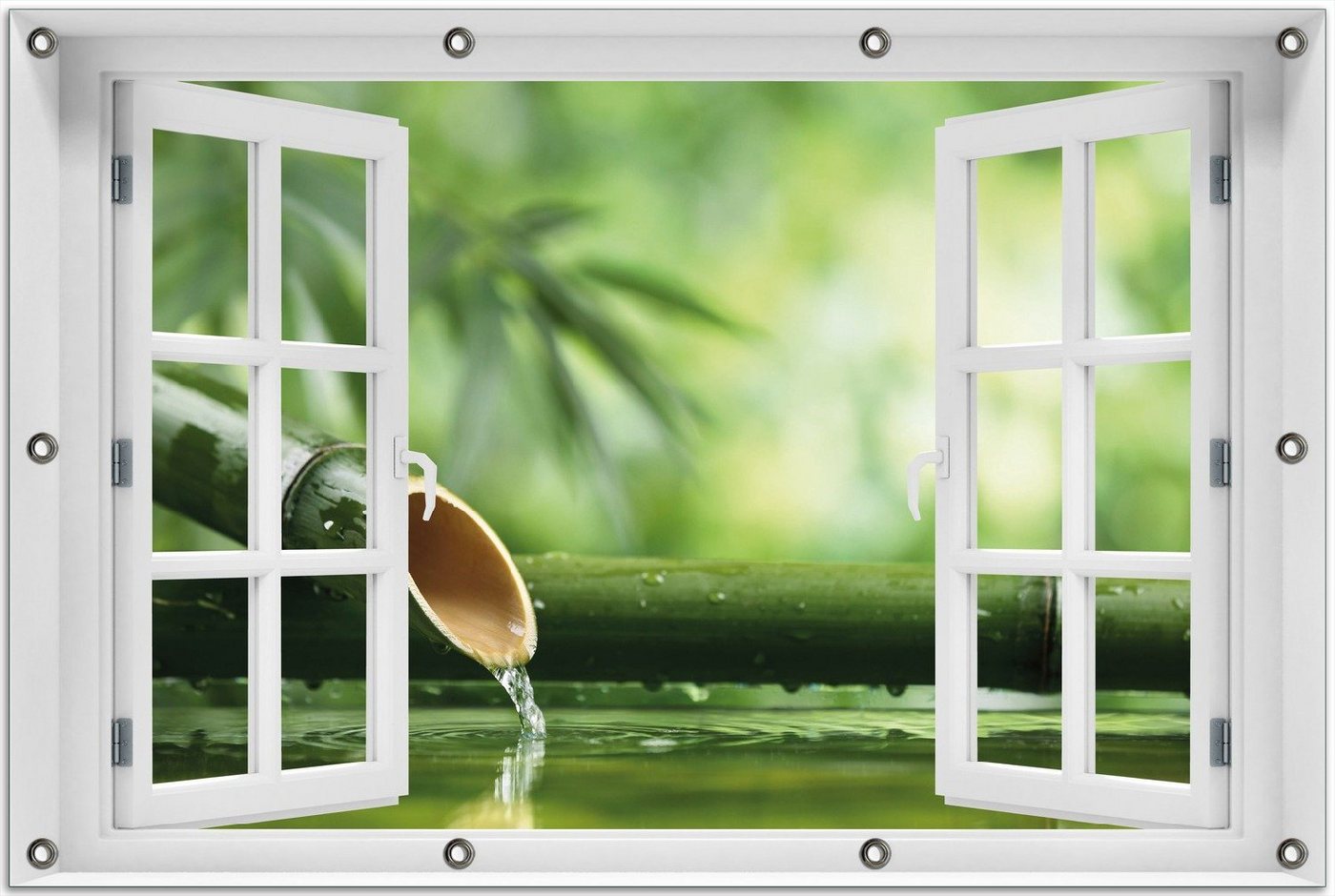 Wallario Sichtschutzzaunmatten Bambusquelle Bambusrohr mit Wasser, mit Fenster-Illusion von Wallario