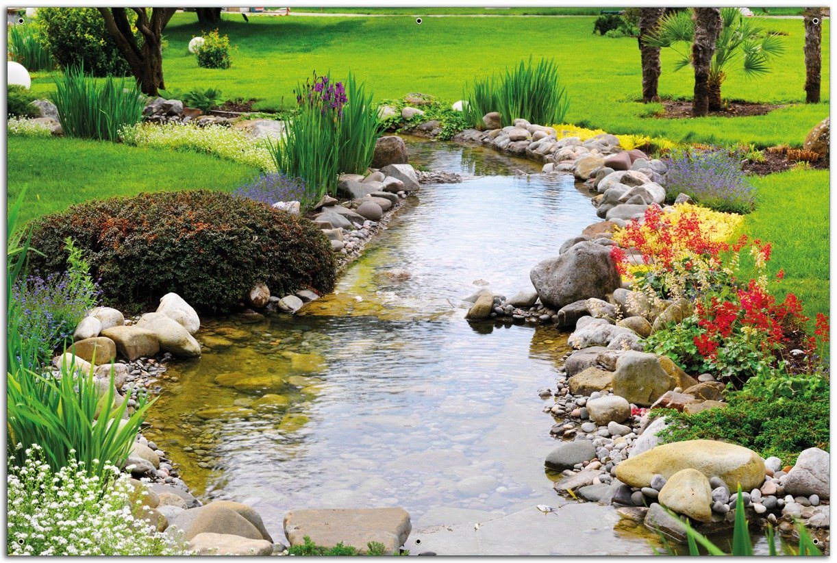 Wallario Sichtschutzzaunmatten Blumen am Teich von Wallario