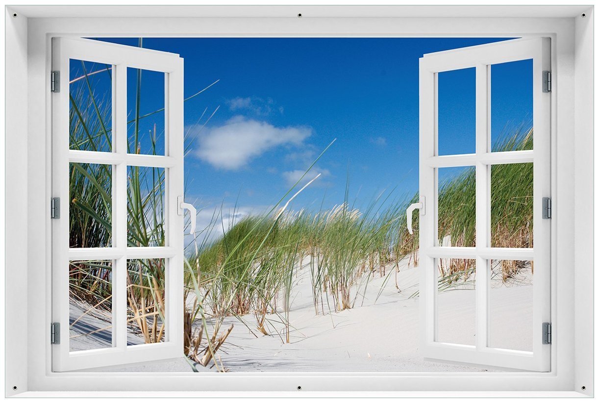 Wallario Sichtschutzzaunmatten Düne am Strand unter blauem Himmel, mit Fenster-Illusion von Wallario