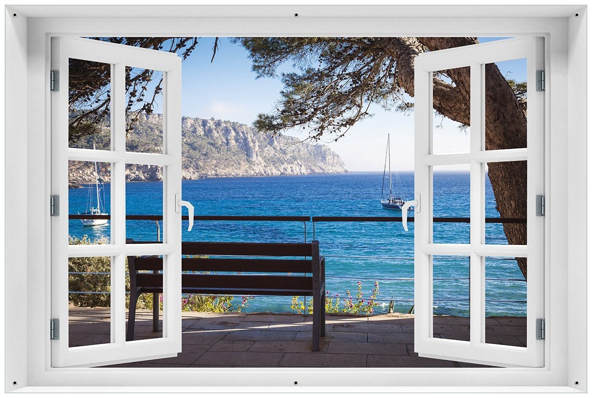 Wallario Sichtschutzzaunmatten Einsame Bank am Meer - Spanien im Sommer, mit Fenster-Illusion von Wallario