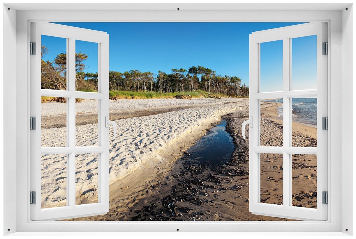 Wallario Sichtschutzzaunmatten Einsamer Strand am Meer - Blauer Himmel, mit Fenster-Illusion von Wallario