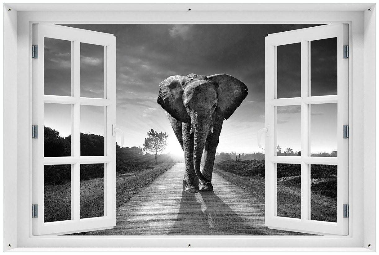 Wallario Sichtschutzzaunmatten Elefant bei Sonnenaufgang in Afrika schwarzweiß, mit Fenster-Illusion von Wallario