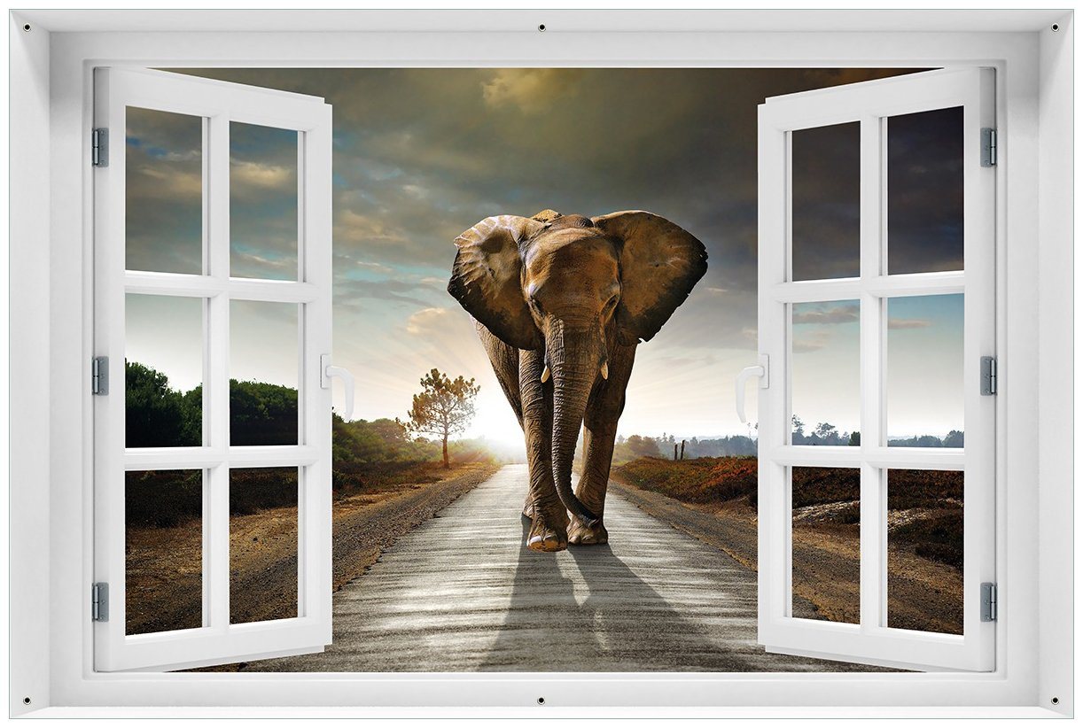 Wallario Sichtschutzzaunmatten Elefant bei Sonnenaufgang in Afrika, mit Fenster-Illusion von Wallario