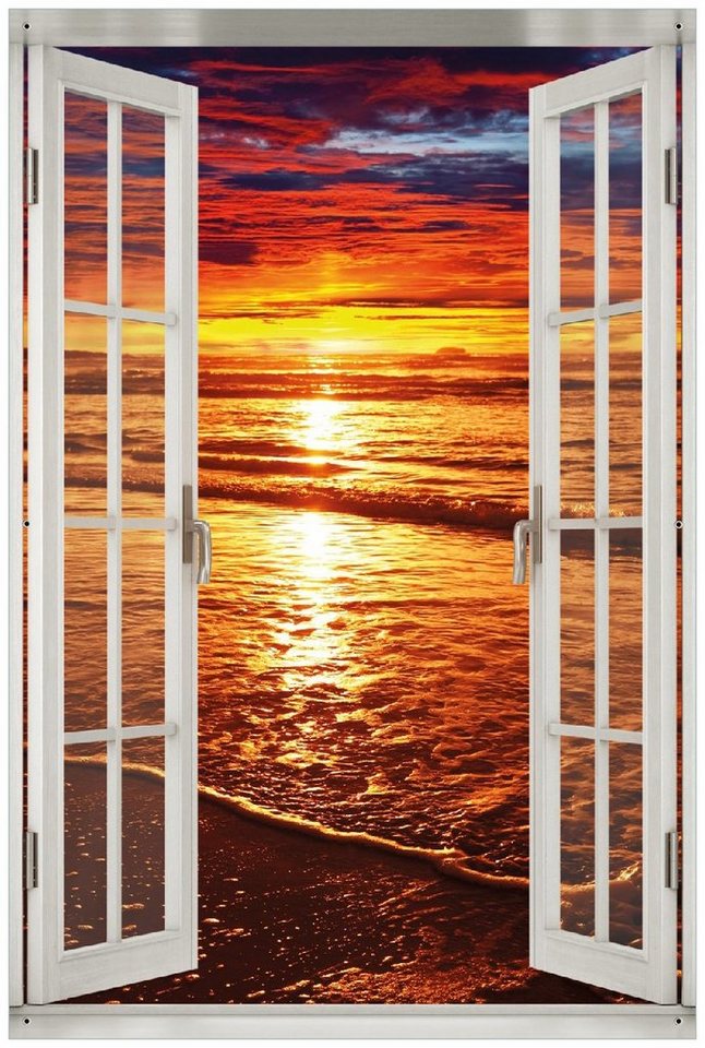 Wallario Sichtschutzzaunmatten Farbenfroher Sonnenuntergang über dem Meer II, mit Fenster-Illusion von Wallario