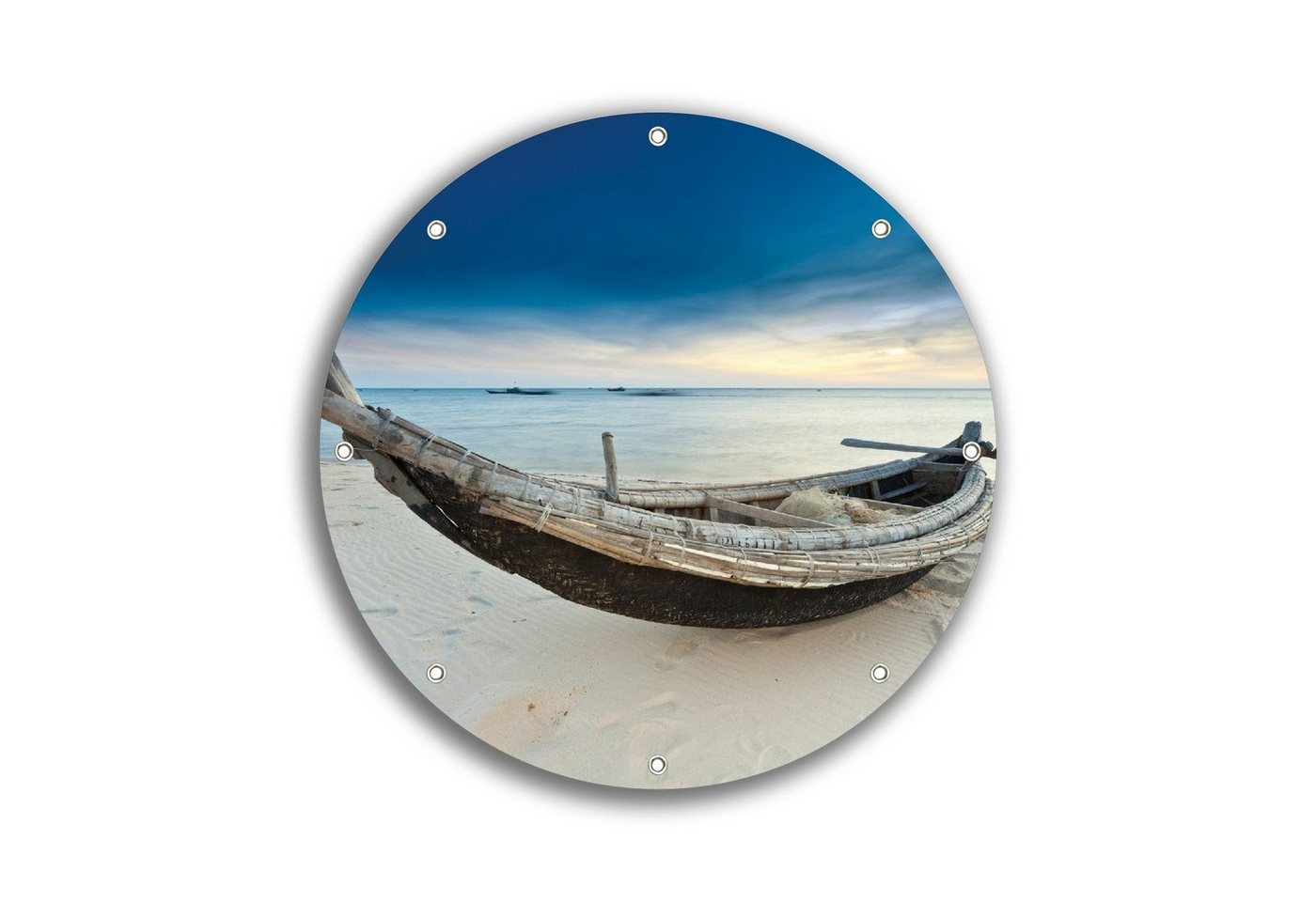 Wallario Sichtschutzzaunmatten Fischerboot am Strand mit Sonnenuntergang, rund von Wallario
