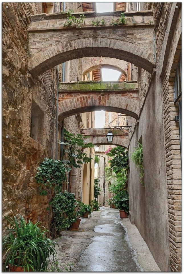 Wallario Sichtschutzzaunmatten Grüne italienische Gasse - mit alten Bögen von Wallario