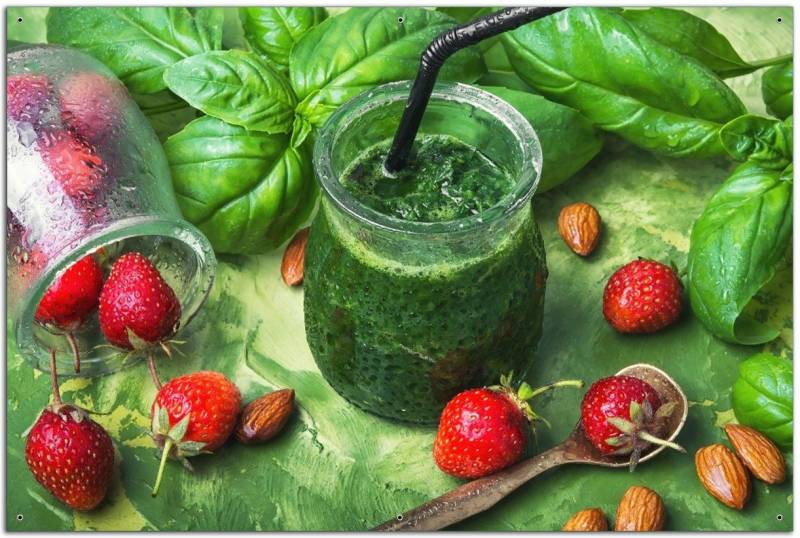 Wallario Sichtschutzzaunmatten Grüner Smoothie mit Erdbeeren von Wallario