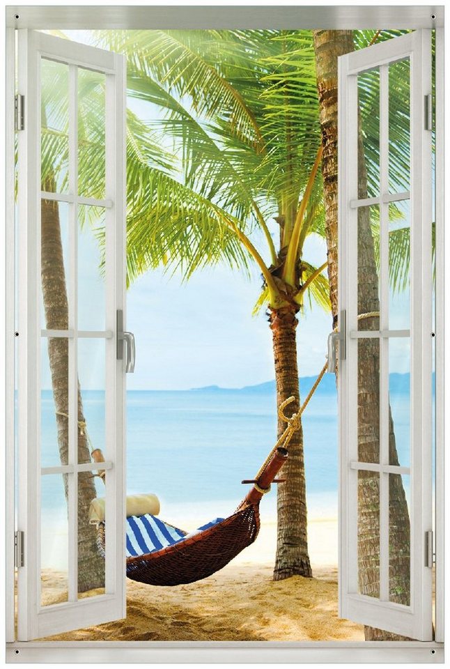 Wallario Sichtschutzzaunmatten Hängematte in der Karibik, mit Fenster-Illusion von Wallario