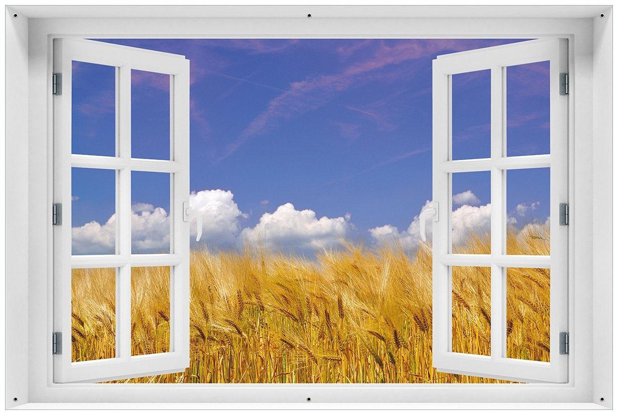 Wallario Sichtschutzzaunmatten Kornfeld unter blauem Himmel, mit Fenster-Illusion von Wallario