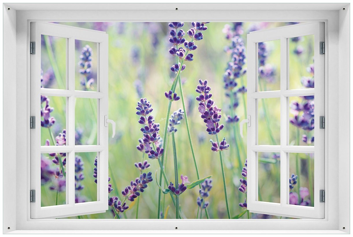Wallario Sichtschutzzaunmatten Lila Blumenfreude - Violette Pflanzen auf der Wiese, mit Fenster-Illusion von Wallario