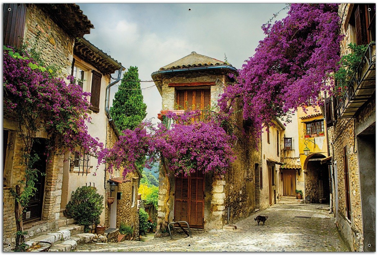 Wallario Sichtschutzzaunmatten Malerische Stadt in der Provence mit bunten Blumen von Wallario