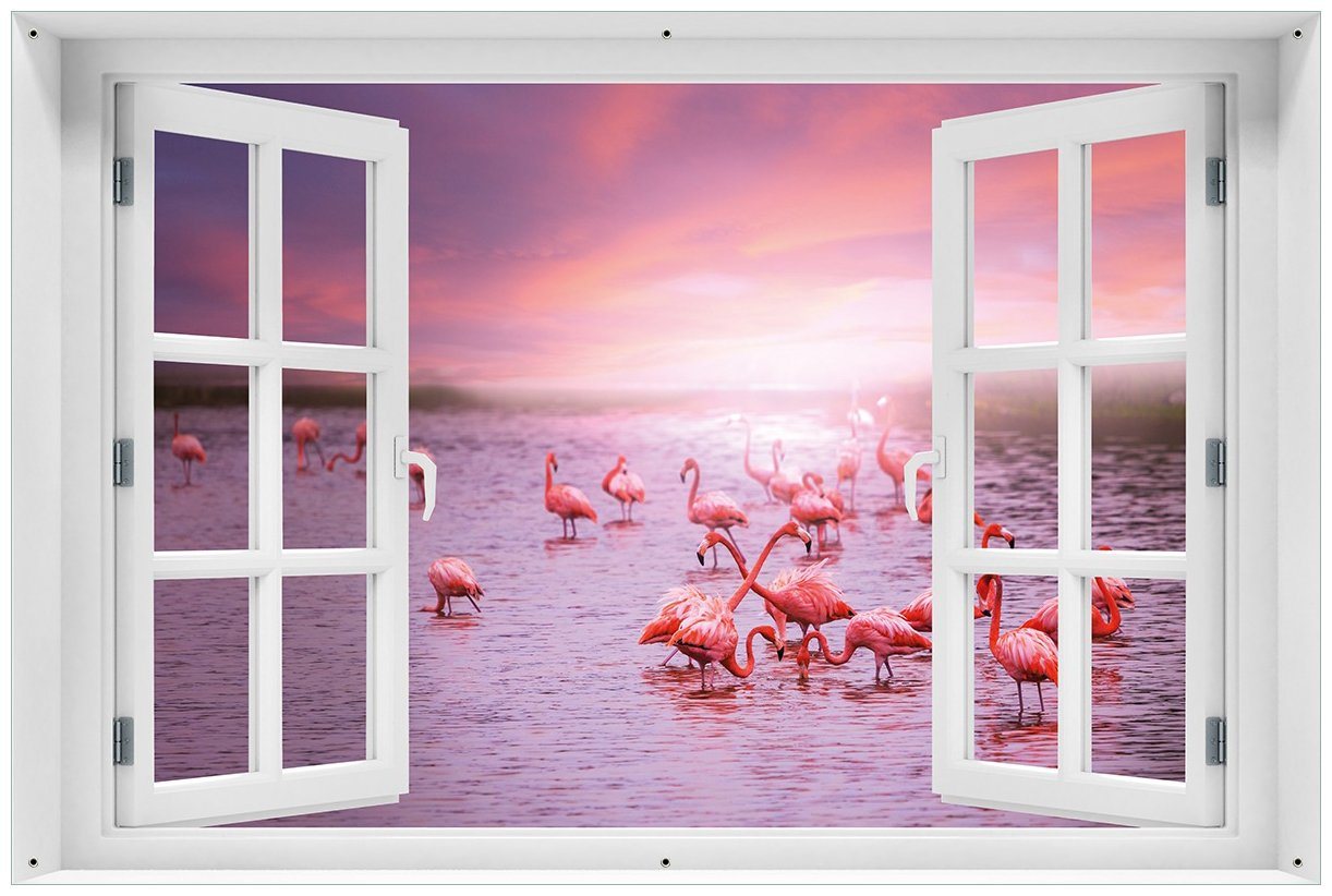 Wallario Sichtschutzzaunmatten Rosa Flamingos bei Sonnenuntergang, mit Fenster-Illusion von Wallario