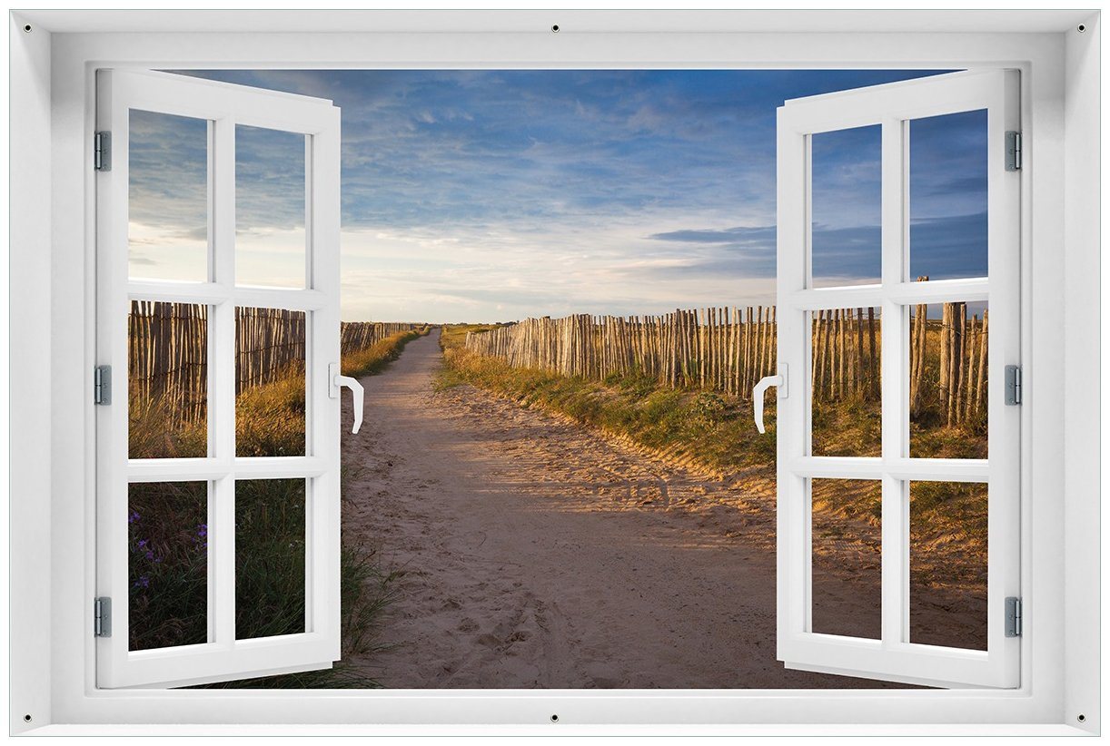 Wallario Sichtschutzzaunmatten Sandweg an einem Strand in Frankreich, Bretagne, mit Fenster-Illusion von Wallario