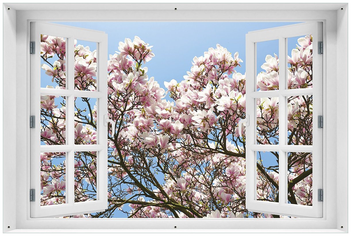 Wallario Sichtschutzzaunmatten Schöne rosa Magnolien-Blüten vor blauem Himmel, mit Fenster-Illusion von Wallario