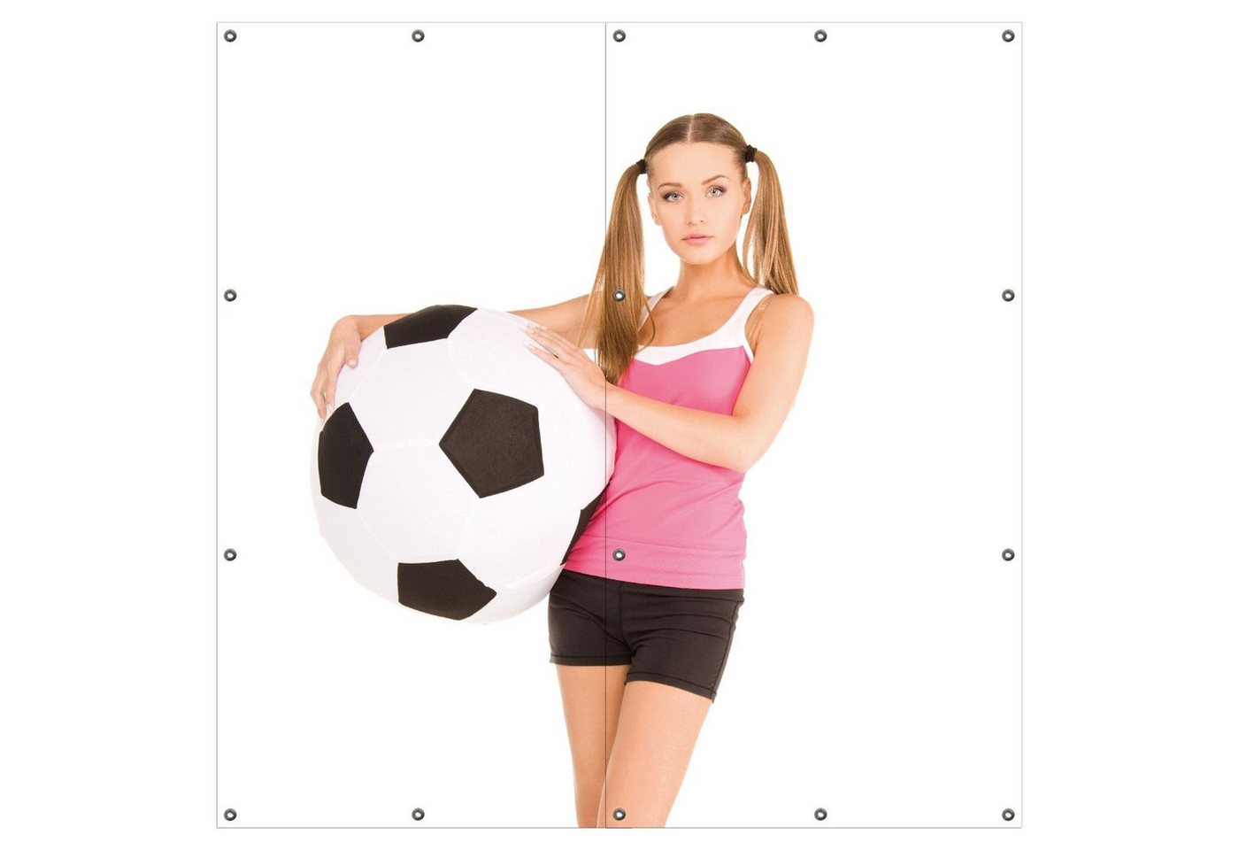 Wallario Sichtschutzzaunmatten Schönes Mädchen mit riesigem Fußball und langen Beinen von Wallario