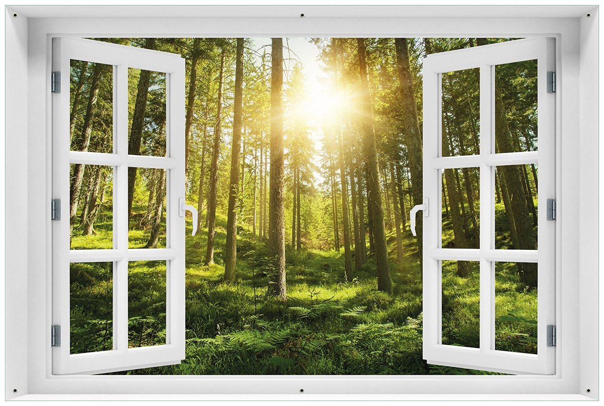 Wallario Sichtschutzzaunmatten Sonnenstrahlen im Nadelwald mit Moos und Farn, mit Fenster-Illusion von Wallario
