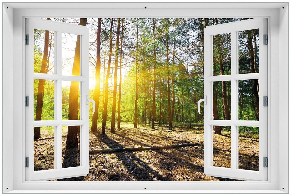 Wallario Sichtschutzzaunmatten Sonnenstrahlen tief hinter dem Wald, mit Fenster-Illusion von Wallario
