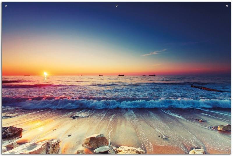 Wallario Sichtschutzzaunmatten Sonnenuntergang am Meer mit Wellen am Strand von Wallario