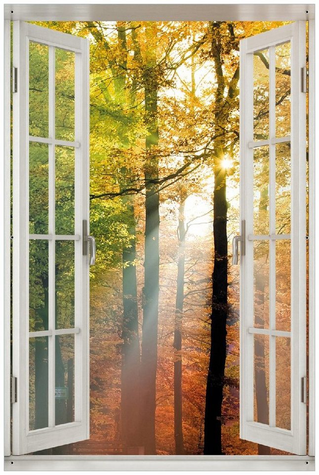 Wallario Sichtschutzzaunmatten Sonnenuntergang im Herbstwald, mit Fenster-Illusion von Wallario