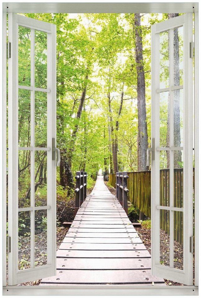 Wallario Sichtschutzzaunmatten Spaziergang im Wald Holzweg über einen Fluss, mit Fenster-Illusion von Wallario