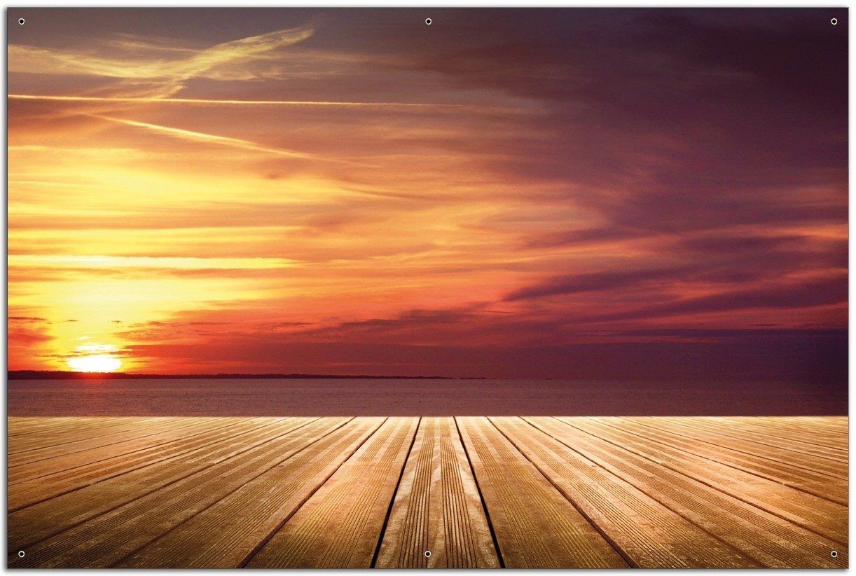 Wallario Sichtschutzzaunmatten Steg am See - Sonnenuntergang und roter Himmel von Wallario