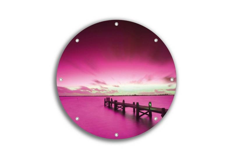 Wallario Sichtschutzzaunmatten Steg bei Abenddämmerung -Himmel bei Nacht Lila gefärbt, rund von Wallario