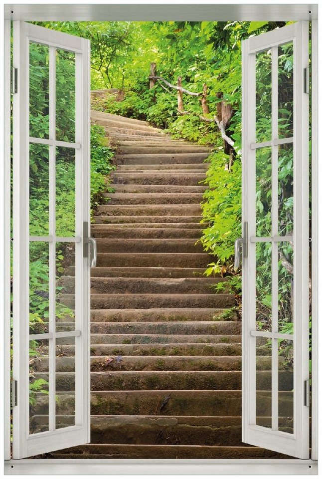 Wallario Sichtschutzzaunmatten Steintreppe im Wald, mit Fenster-Illusion von Wallario