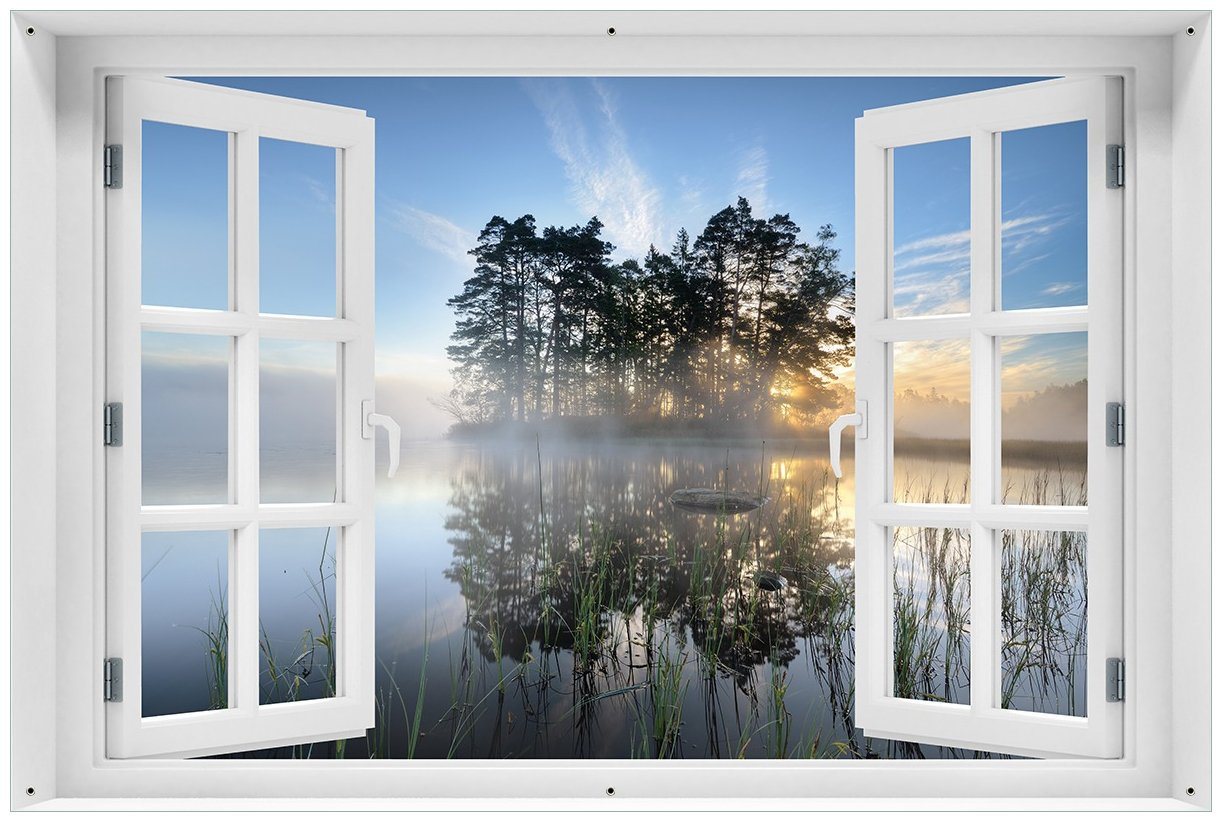 Wallario Sichtschutzzaunmatten Stiller See mit Insel im Morgennebel, mit Fenster-Illusion von Wallario