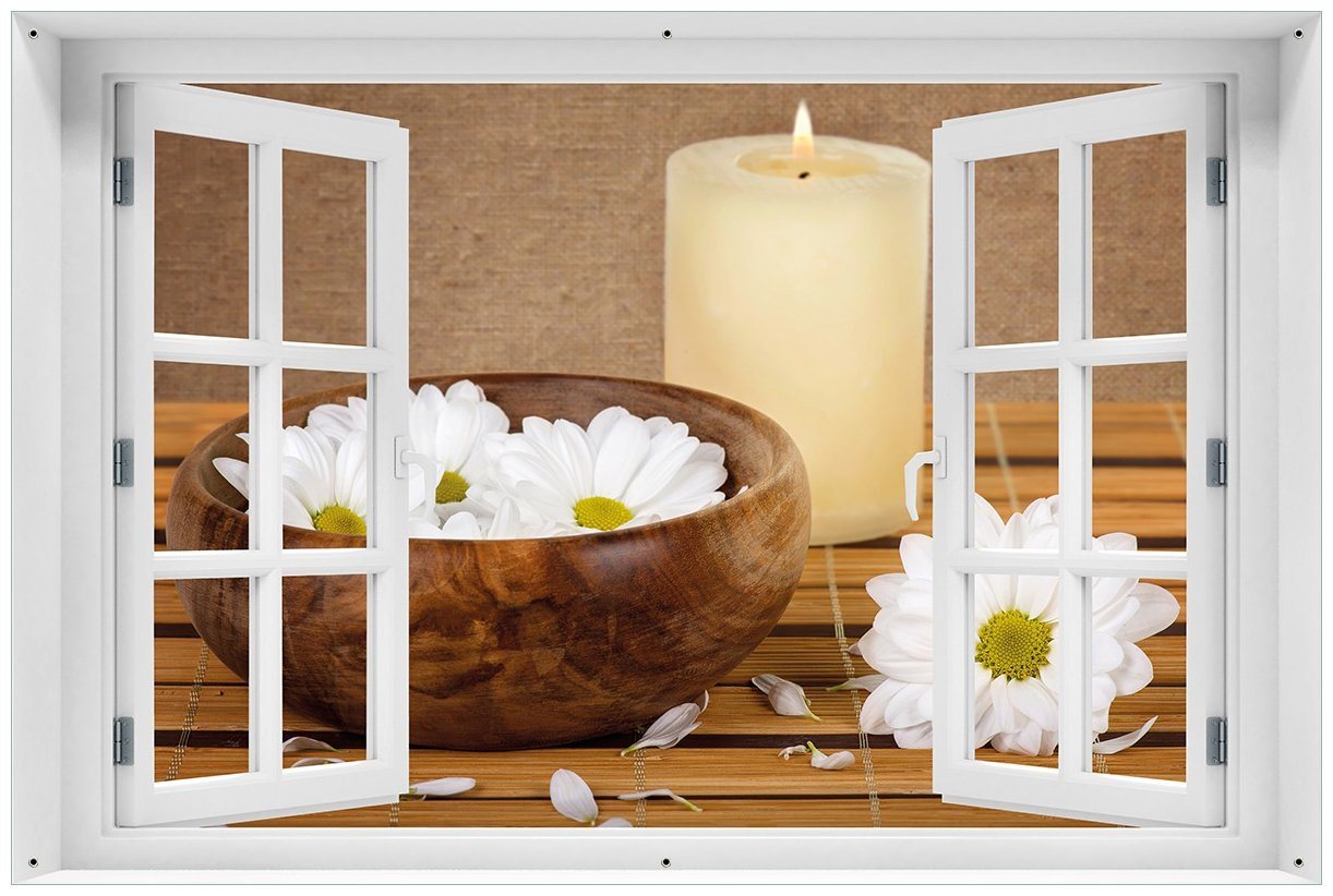 Wallario Sichtschutzzaunmatten Stillleben - Kerzen und Blumenblüten in Holzschale, mit Fenster-Illusion von Wallario
