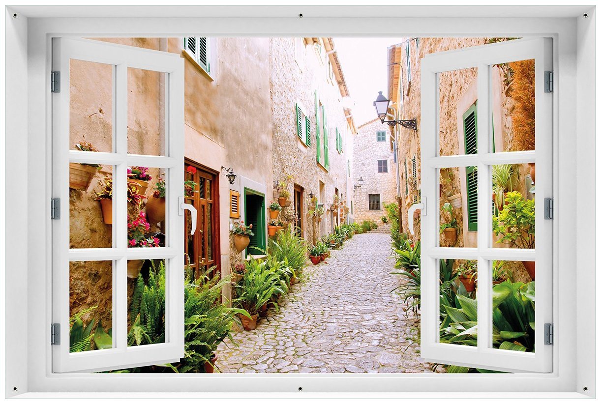 Wallario Sichtschutzzaunmatten Südländische Gasse mit alten Häusern und grüner Oase, mit Fenster-Illusion von Wallario