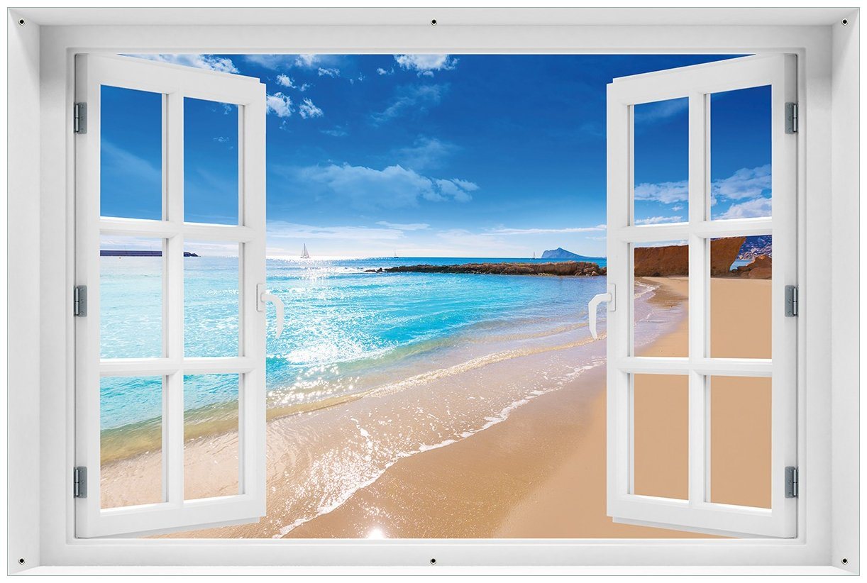 Wallario Sichtschutzzaunmatten Traumstrand unter blauem Himmel, mit Fenster-Illusion von Wallario