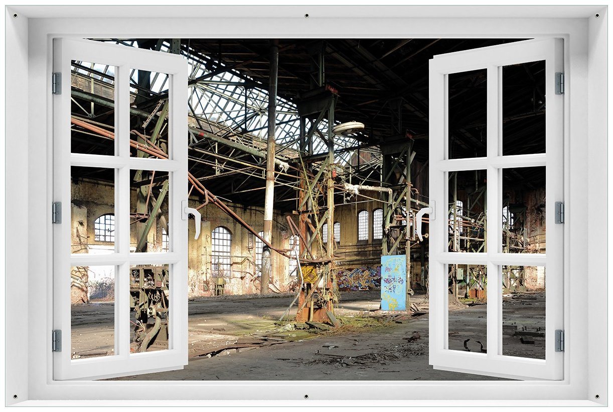 Wallario Sichtschutzzaunmatten Verlassene Industriehalle - Alte Fabrik, mit Fenster-Illusion von Wallario