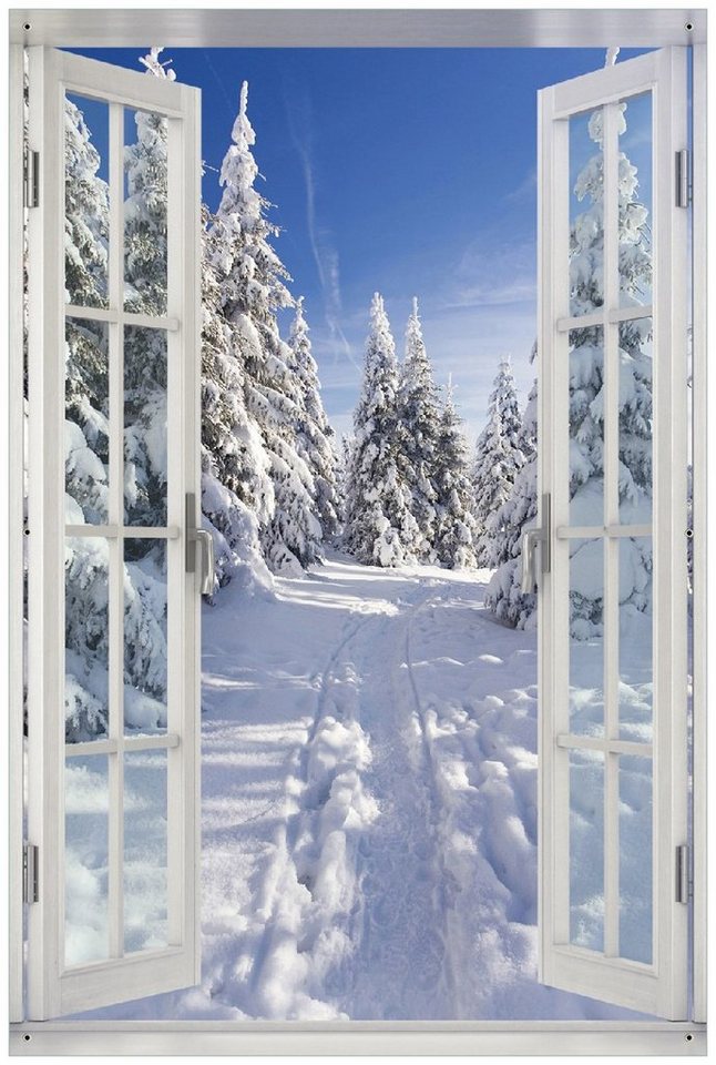 Wallario Sichtschutzzaunmatten Wanderweg im Schnee, mit Fenster-Illusion von Wallario