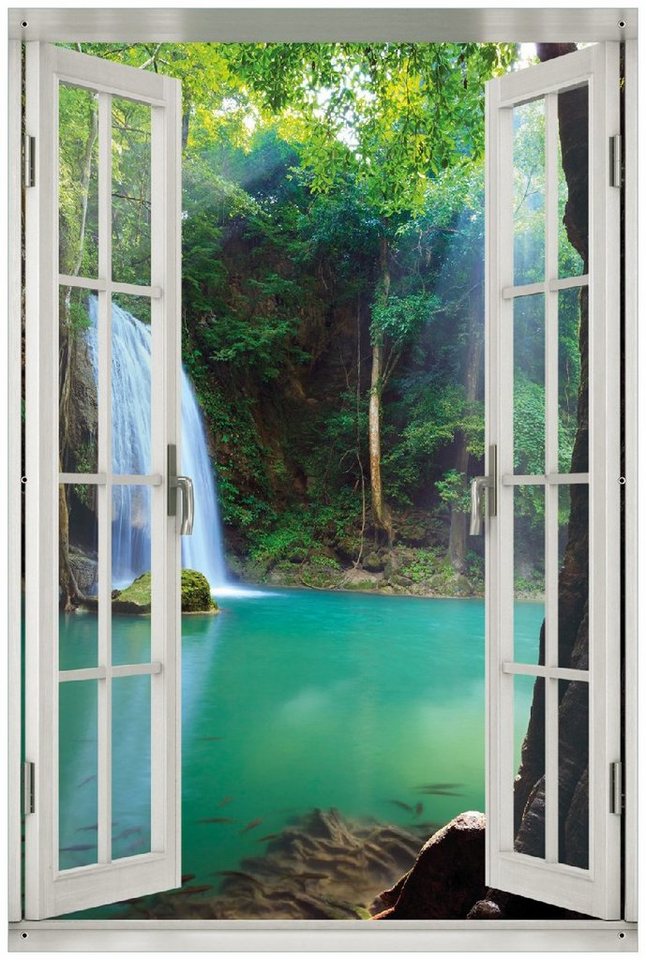 Wallario Sichtschutzzaunmatten Wasserfall im Wald am See Idylle in Thailand, mit Fenster-Illusion von Wallario