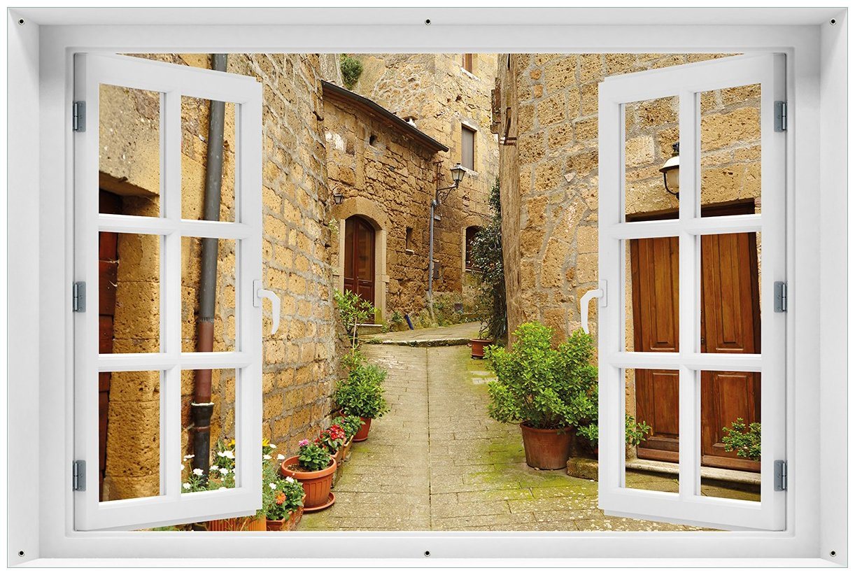 Wallario Sichtschutzzaunmatten Weg durch die Altstadt - Toskana in Italien, mit Fenster-Illusion von Wallario
