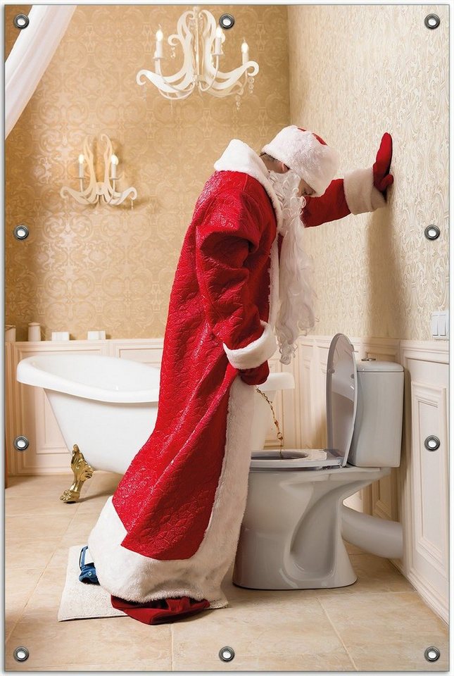 Wallario Sichtschutzzaunmatten Weihnachtsmann macht Pause und pinkelt auf edler Toilette von Wallario
