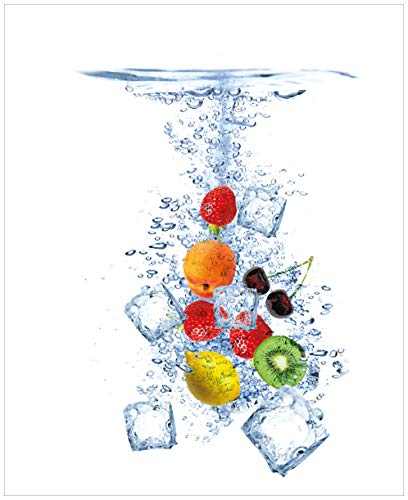 Wallario Sticker/Aufkleber für Kühlschrank/Geschirrspüler/Küchenschränke, Selbstklebende Folie - 65 x 80 cm, Motiv: Obst-Eiswürfel-Mix im Wasser mit weißem Hintergrund von Wallario