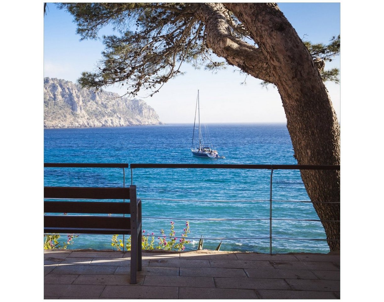 Wallario Tischplatte Einsame Bank am Meer - Spanien im Sommer (1 St), für Ikea Lack Tisch geeignet von Wallario