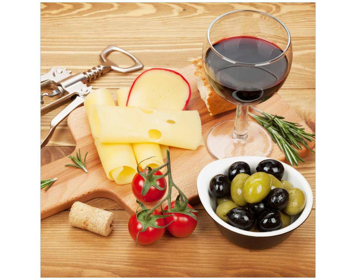 Wallario Tischplatte Genuss am Abend - Rotwein, Käseplatte, Oliven und Tomaten (1 St), für Ikea Lack Tisch geeignet von Wallario