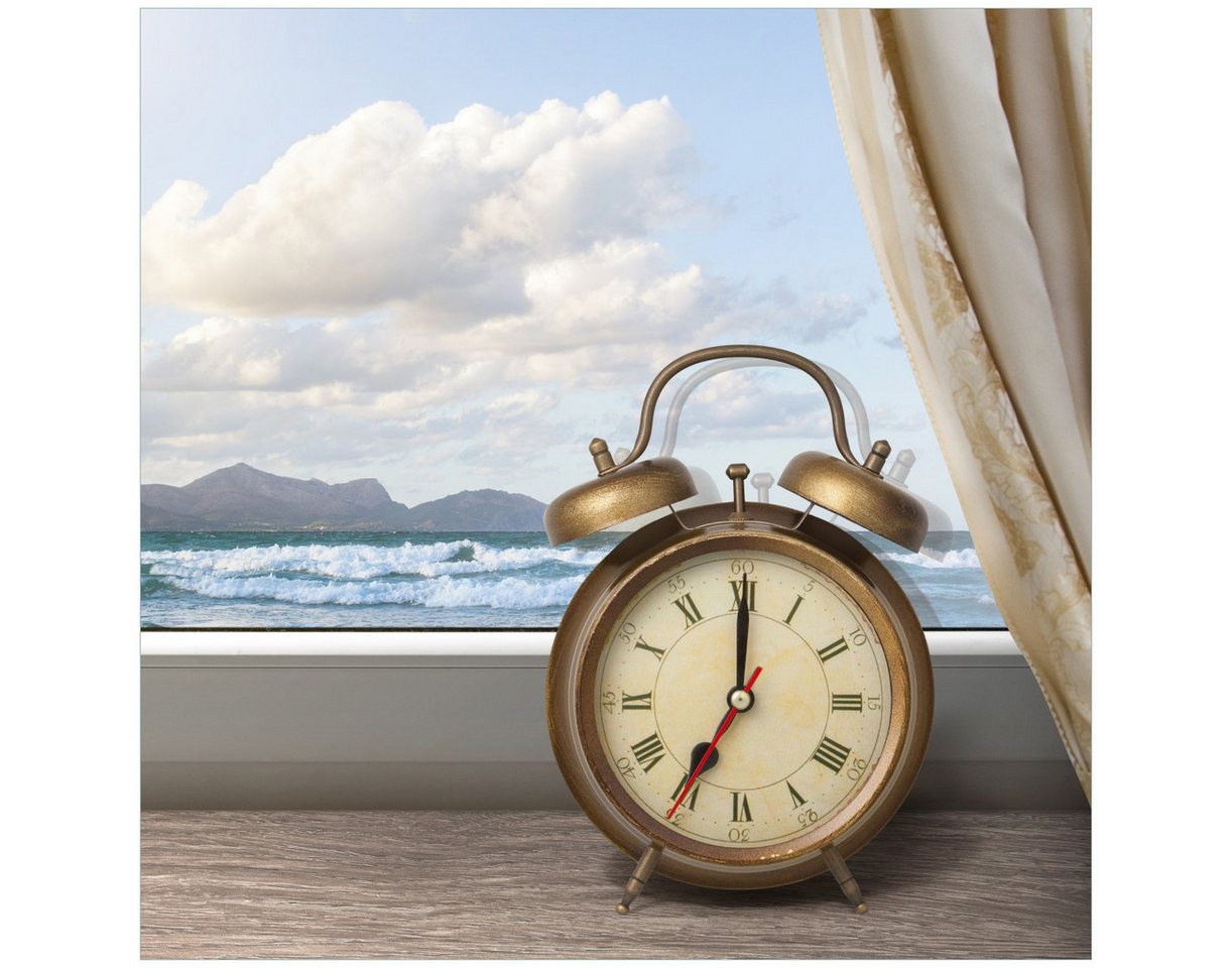 Wallario Tischplatte Guten Morgen sagt das Meer - Wecker und Vorhang am Fenster (1 St), für Ikea Lack Tisch geeignet von Wallario