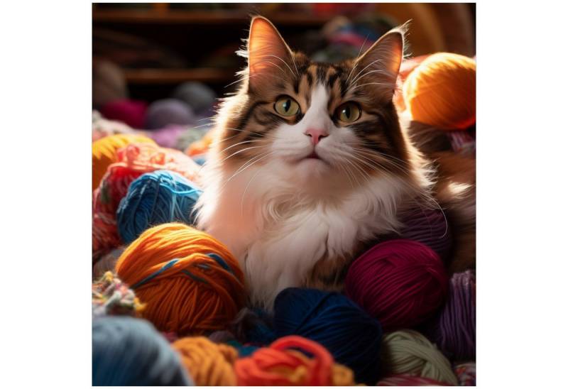 Wallario Tischplatte Katze in einem Berg von Wollknäuel (1 St), für Ikea Lack Tisch geeignet von Wallario