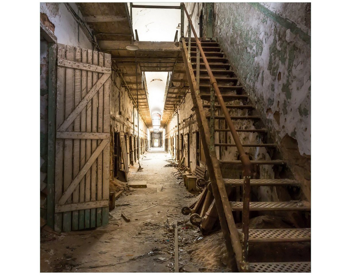 Wallario Tischplatte Leuchtender Gang in altem verlassenen Gefängnis (1 St), für Ikea Lack Tisch geeignet von Wallario