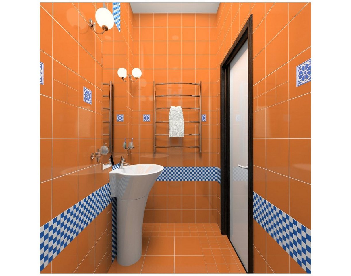 Wallario Tischplatte Modernes Badezimmer in orange mit blauen Fliesen (1 St), für Ikea Lack Tisch geeignet von Wallario