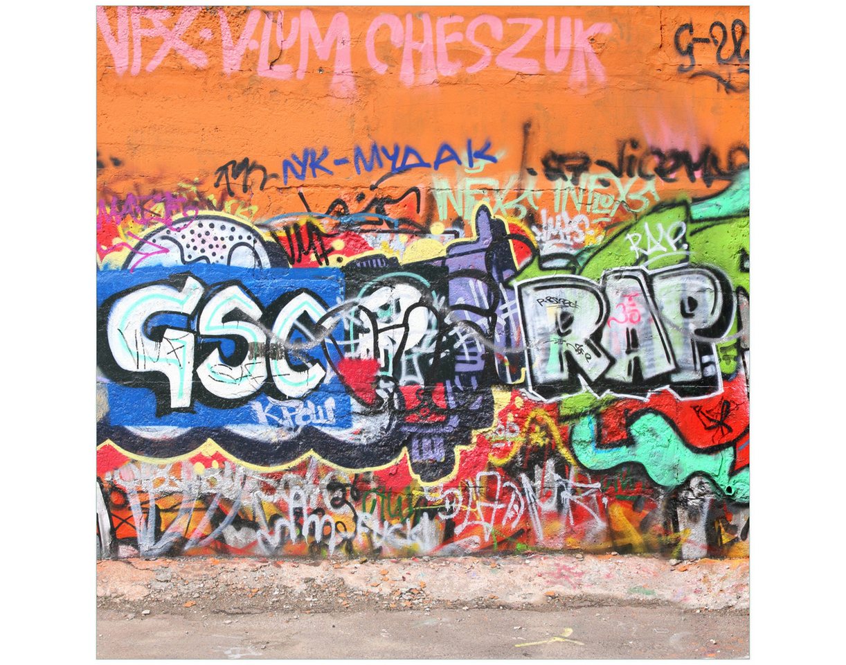 Wallario Tischplatte RAP-Graffiti- Wand mit verschiedenen Tags (1 St), für Ikea Lack Tisch geeignet von Wallario